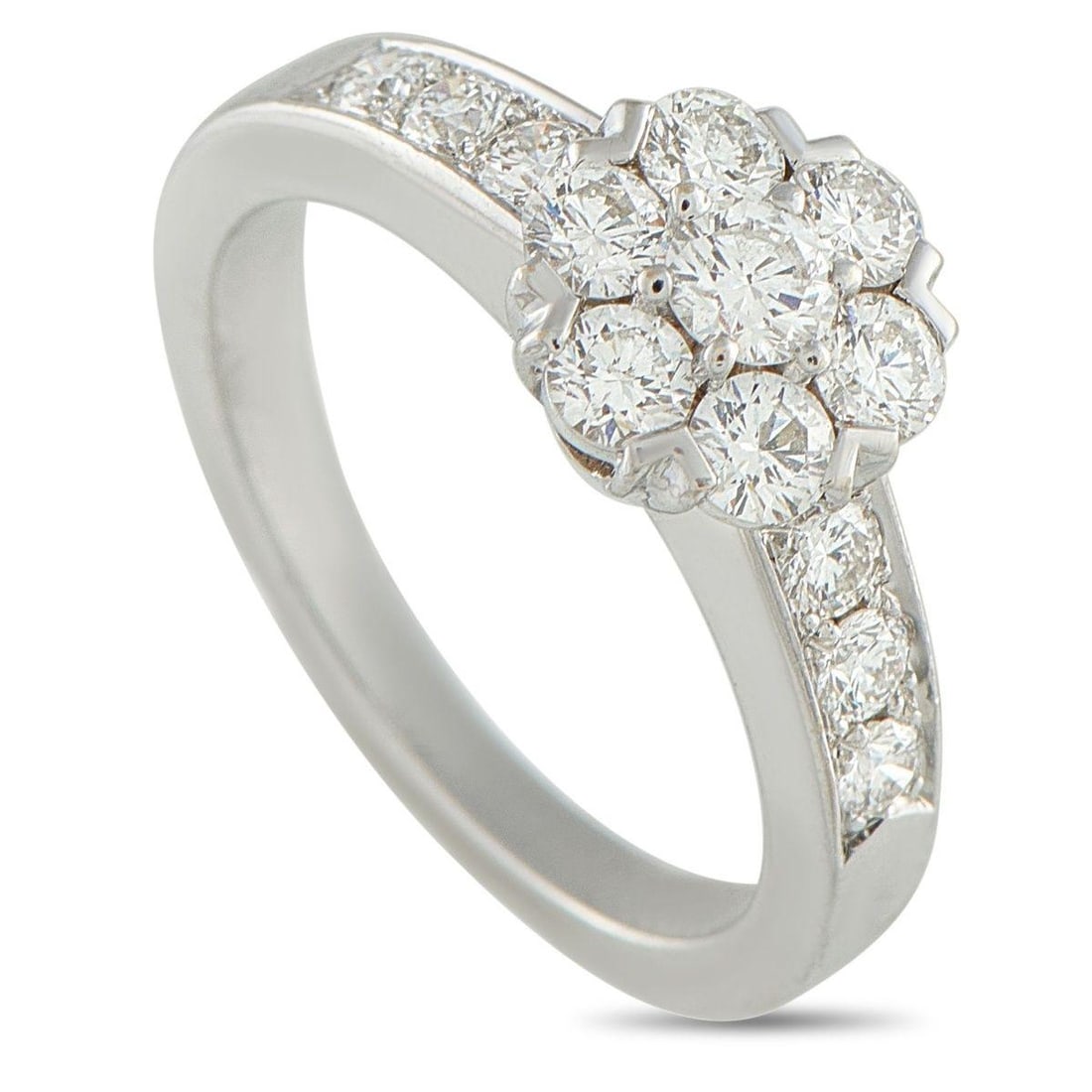 VAN CLEEF & ARPELS FLEURETTE 18K WHITE GOLD DIAMOND RING: This Van Cleef & Arpels Fleurette ring is a luxury piece that is ideal for everyday wear. Sparkling Diamonds are beautifully showcased by this pieces sleek 18K White Gold setting. It features a 2mm wi