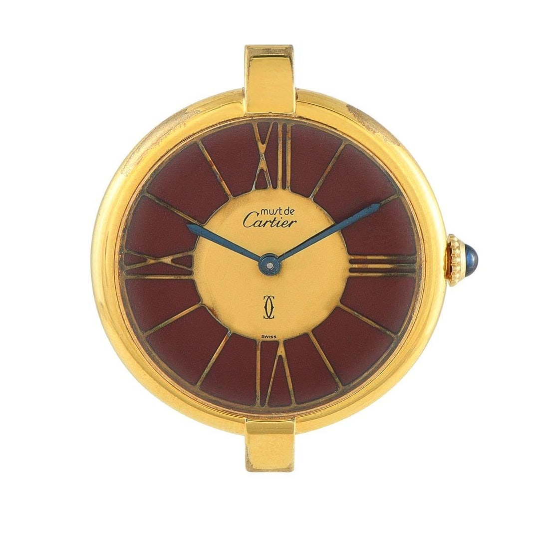 CARTIER MUST DE CARTIER VENDME BURGUNDY CLOISONNE DIAL VERMEIL QUARTZ WATCH: An elegant and rare Cartier Must Vendme case distinguished by its two bar lugs and a burgundy dial with cloisonn-style gold striping. The sunburst effect on the dial gives depth to the watch's face,