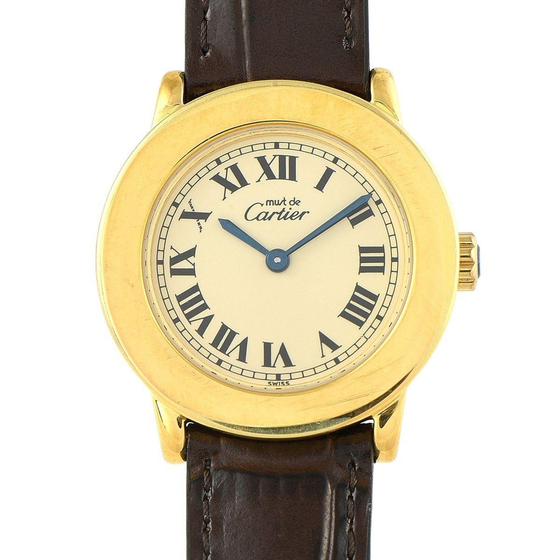 CARTIER MUST DE CARTIER RONDE ROMAN IVORY DIAL VERMEIL QUARTZ WATCH: This round masterpiece, secretly signed by Cartier, never fails to attract the attention of vintage watch collectors. Its 27mm sterling silver case is thickly plated with 20 microns of gold for a dura