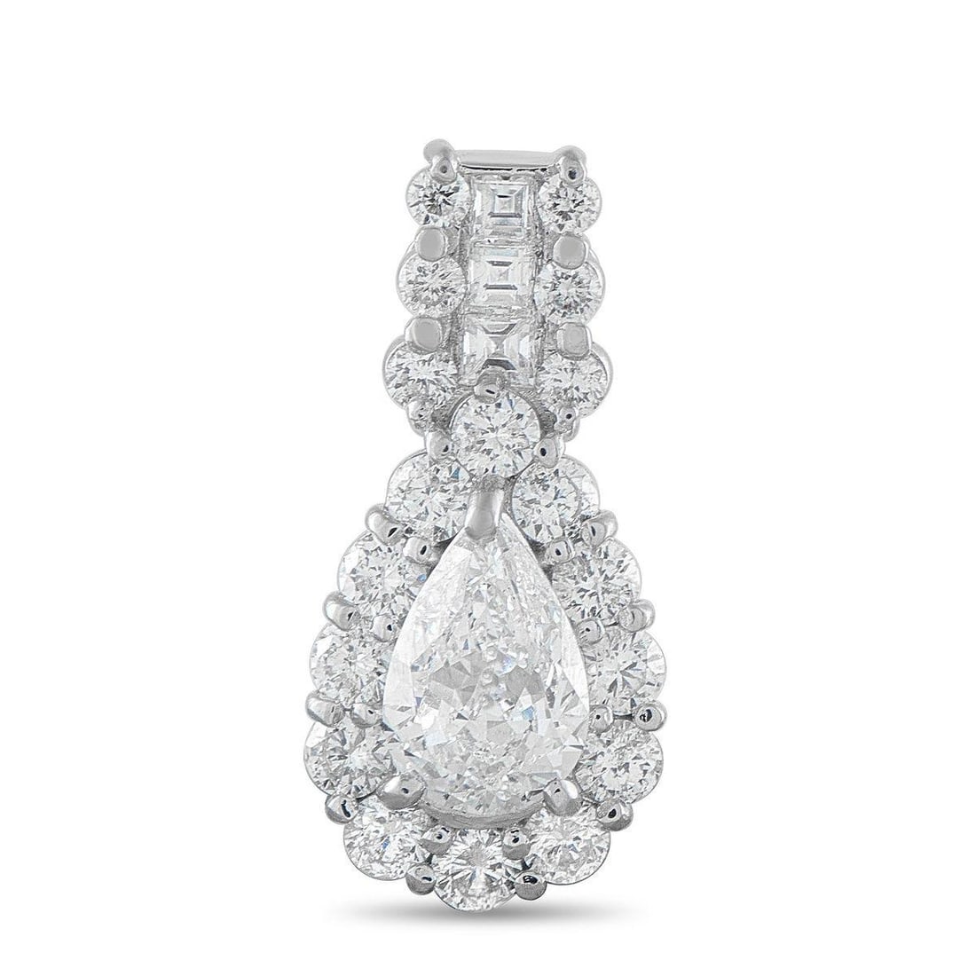 PLATINUM 1.98CT DIAMOND PENDANT: This dazzling pendant will continually catch the light every time its worn. Set in Platinum, a 1.0 carat pear-shaped Diamond center stone is surrounded by additional Diamond accents totaling 0.98 cara