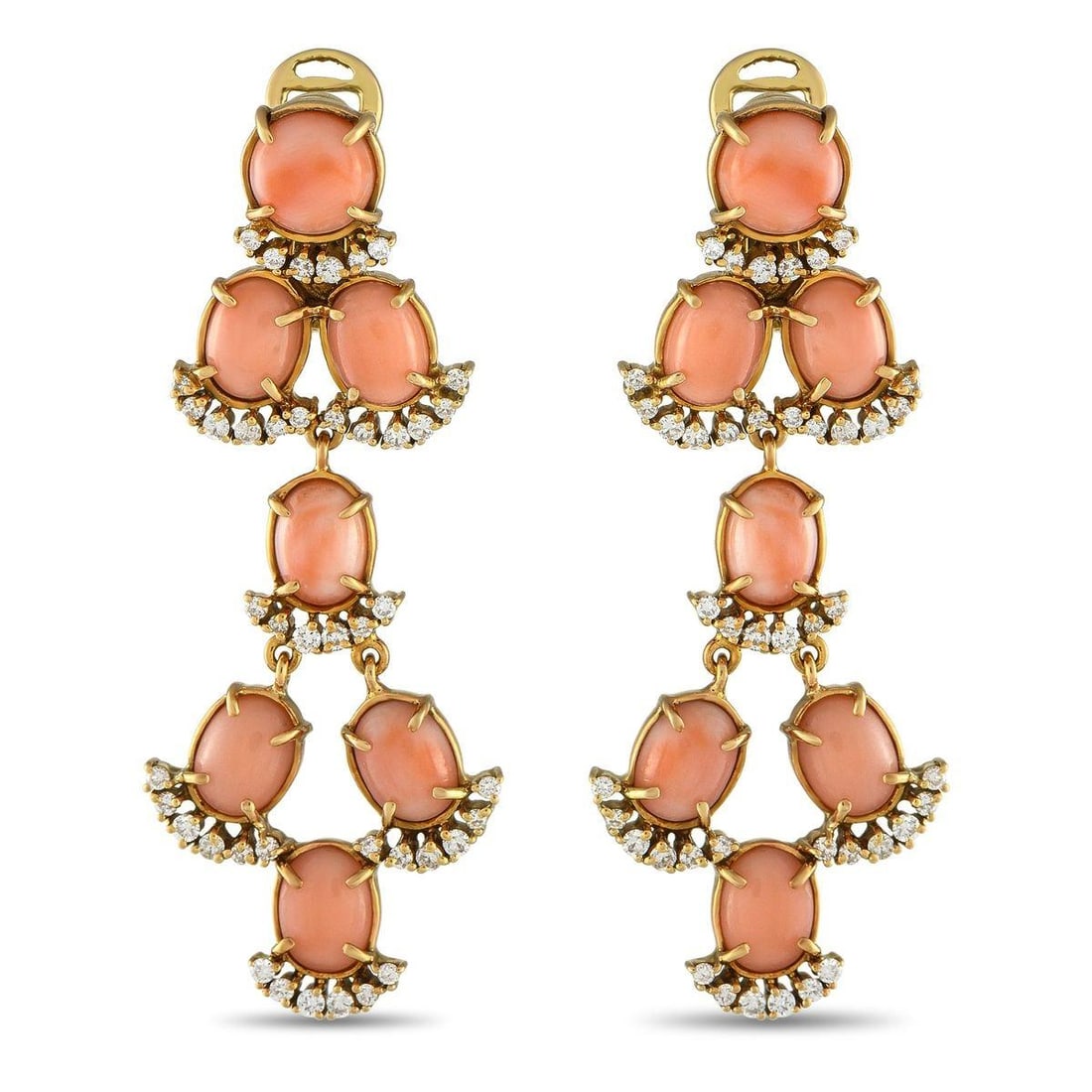 LAURA MUNDER 18K YELLOW GOLD 1.35CT DIAMOND AND CORAL CLIP-ON DANGLE EARRINGS: These stylish Laura Munder earrings will add a playful pop of color to any ensemble. Coral stones are beautifully complemented by the 18K Yellow Gold setting. Diamond accents totaling 1.35 carats add 