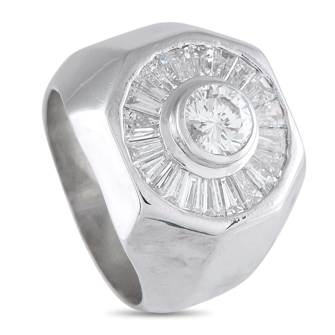 18K WHITE GOLD 2.38CT DIAMOND RING: This scintillating ring is designed to catch the light. A 0.93 carat Diamond with I color and SI1 clarity makes a statement at the center of the 18K White Gold setting. Diamond baguettes with a total 