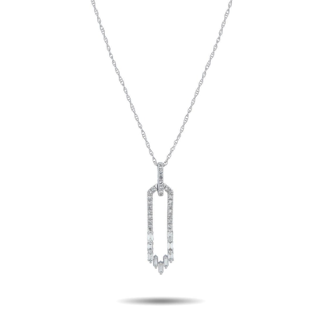 14K WHITE GOLD 0.25CT DIAMOND NECKLACE: Light catches differently at every angle with this 14K white gold necklace. Its diamond-lined bail leads to an elongated, openwork oval pendant with pointed ends. Round diamonds trace the top half, wh