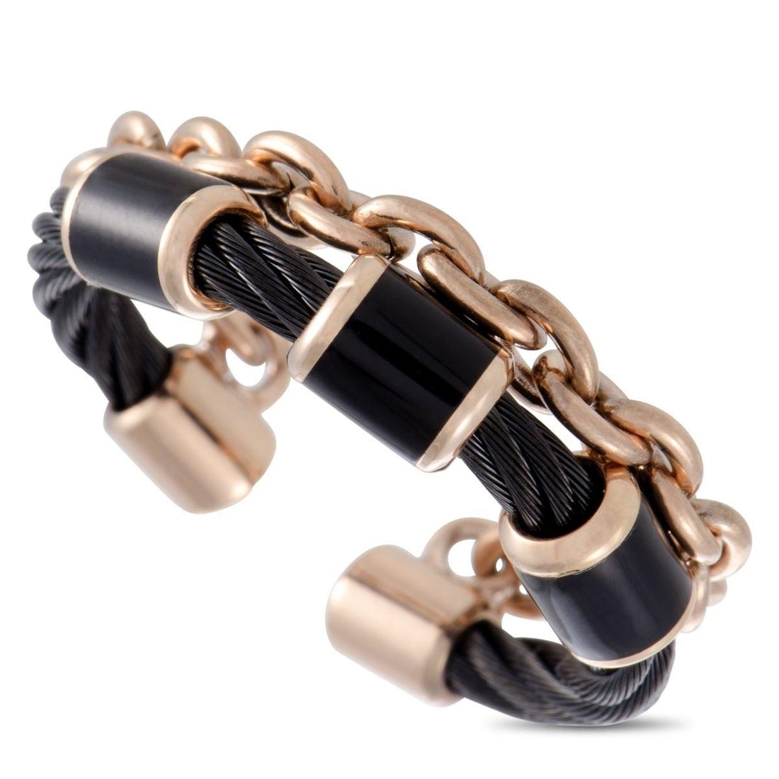 CHARRIOL ST. TROPEZ STAINLESS STEEL PINK AND BLACK PVD BLACK ENAMEL CABLE AND CHAIN BAND RING: Accentuate your ensembles in a distinctly fashionable manner with this exceptional St. Tropez piece from Charriol that boasts attractive design and exquisite craftsmanship quality. The ring is made of