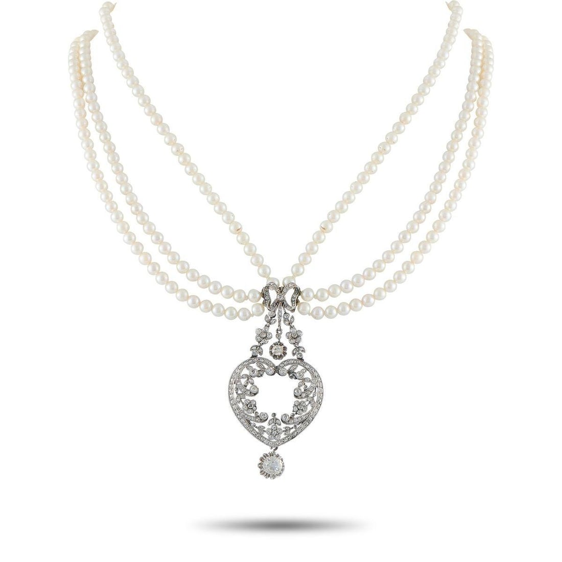 PLATINUM 2.45CT DIAMOND AND NATURAL PEARL MULTI-STRAND NECKLACE: This breathtaking necklace exudes classic luxury. Multiple strands of natural Pearls provide this piece with a graceful design. Diamonds with a total weight of 2.45 carats accent both the central pend