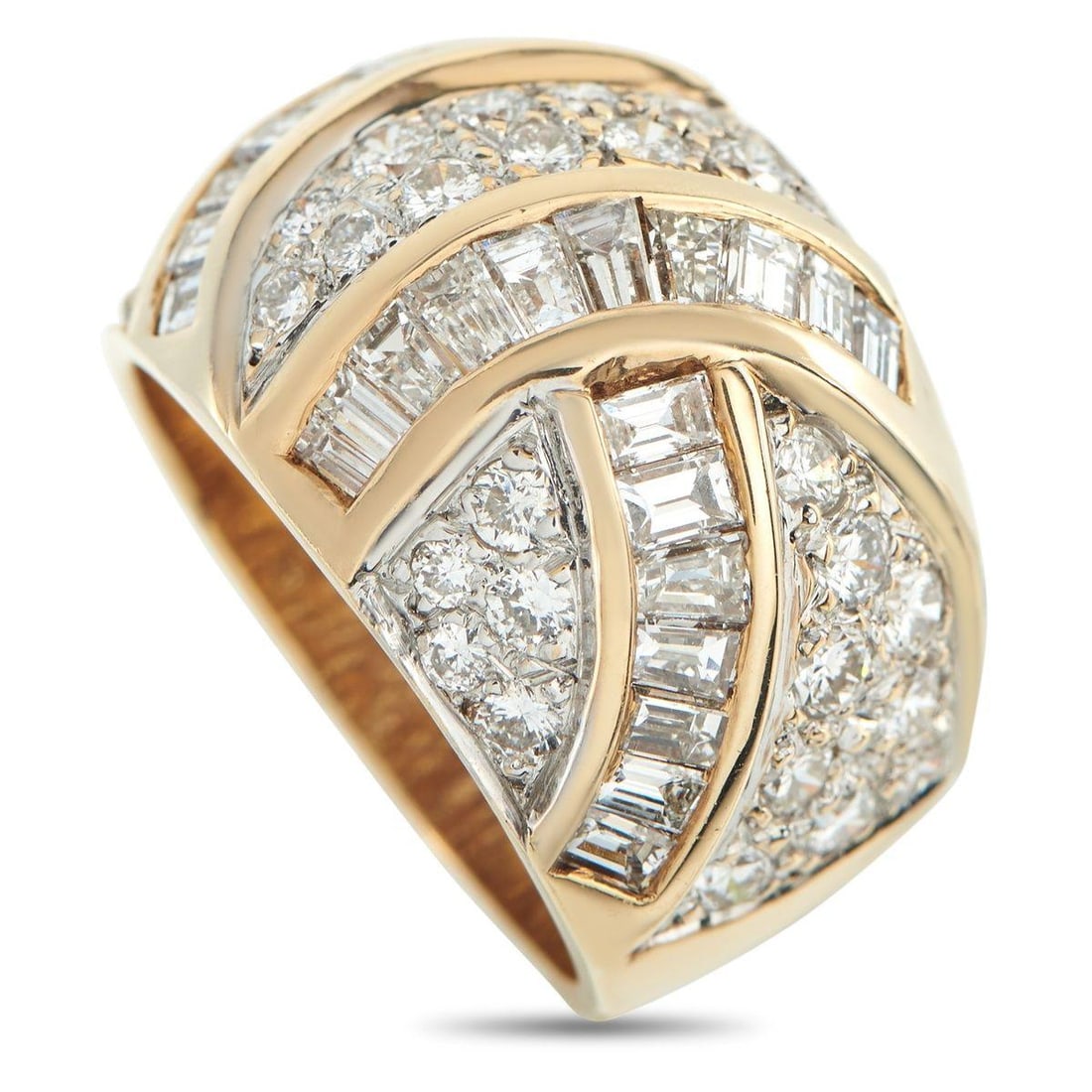 14K YELLOW GOLD 2.35CT DIAMOND RING: This luxury ring is designed to continually make a statement. Sparkling Diamonds with a total weight of 2.35 carats cover the top of this pieces domed 14K Yellow Gold setting. Featuring a 6mm wide ban