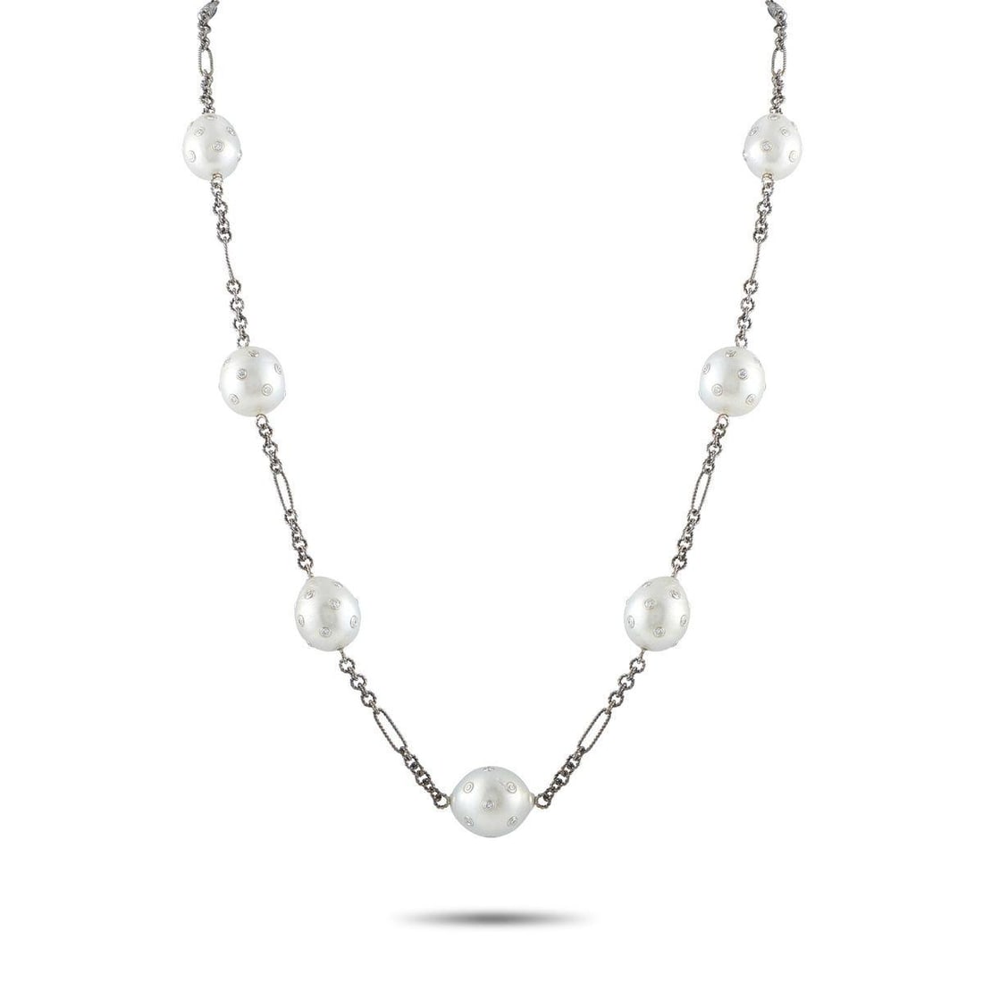 14K WHITE GOLD 4.46CT DIAMOND AND PEARL NECKLACE: A uniquely elegant design makes this luxury necklace simply unforgettable. An intricate 14K White Gold chain measuring 21 long provides the perfect foundation for this dynamic accessory. Featuring Pea