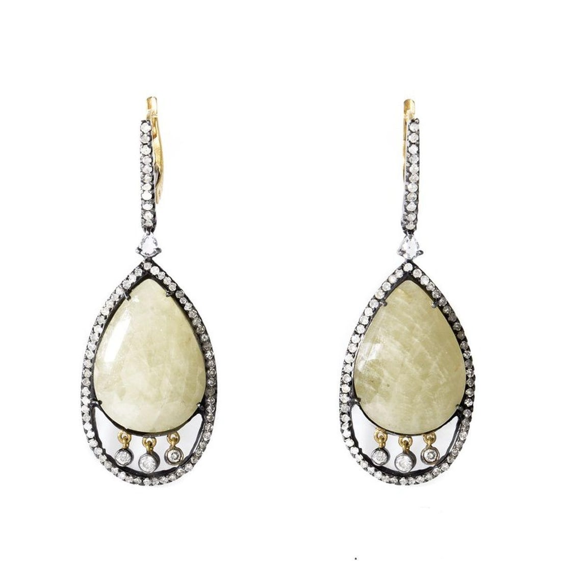 18K GOLD & STAINLESS STEEL YELLOW SAPPHIRE DIAMOND EARRINGS: Refreshingly original and unlike any other, this pair of earrings are sure to please! The earrings are made of a combination of diamond-lined 18K yellow gold and stainless steel and are set with
