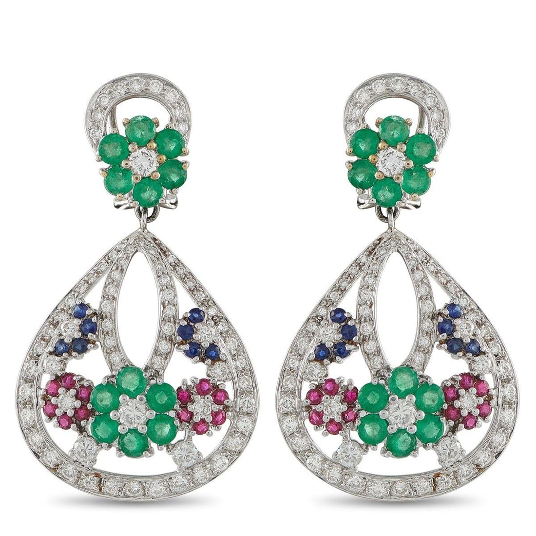 18K WHITE GOLD 1.85CT DIAMOND, SAPPHIRE, RUBY, AND EMERALD EARRINGS: These luxury earrings capture the beauty of a garden in bloom. Floral motifs adorned with Sapphires, Rubies, and Emeralds add charm to the delicate design. Sparkling Diamonds with a total weight of 1.