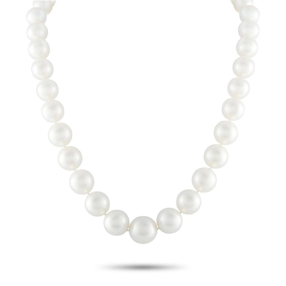 PEARL NECKLACE: This pearl necklace is an instant classic. Chic and timeless, this single strand necklace includes a screw clasp accented by sparkling gemstones. It measures 17.0 long and the pearls range from 12.5 -