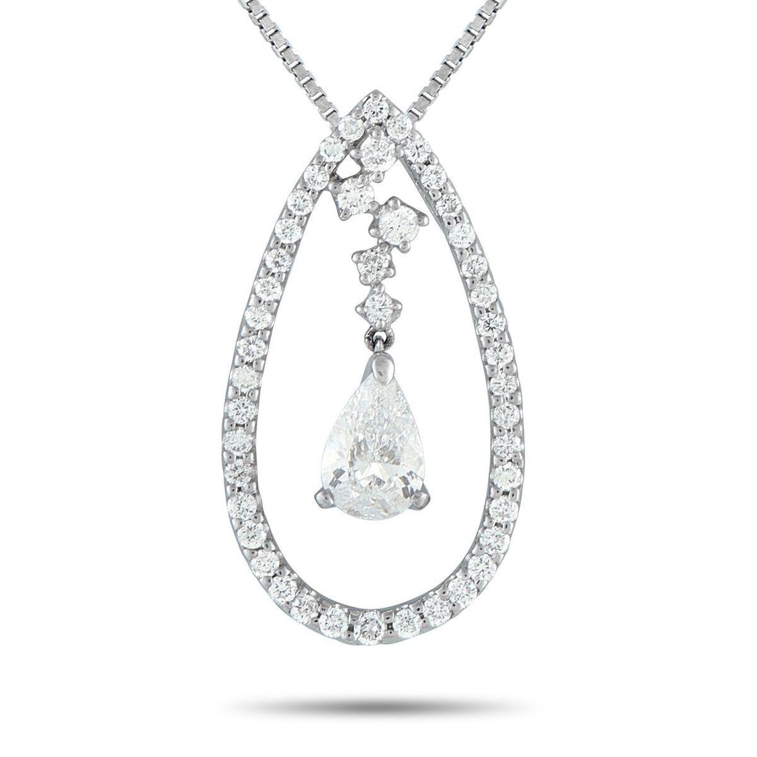 PLATINUM 1.67CT DIAMOND TEARDROP NECKLACE: Seen here is a 1.01-carat pear-cut diamond hanging freely within a teardrop-shaped halo of smaller round diamonds. The soft movement and layers of sparkle give this necklace a charming appeal that's f