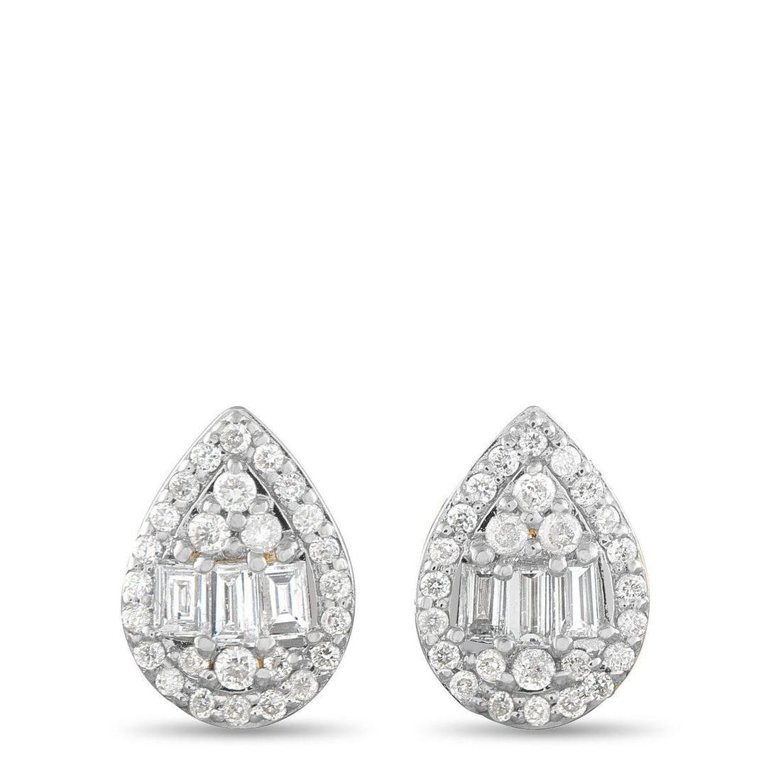 14K YELLOW GOLD 0.25CT DIAMOND CLUSTER PEAR STUD EARRINGS: Clean lines meet understated sparkle in these 14K yellow gold pear-shaped studs. The center features a combination of baguette and round diamonds in a clustered form, framed by a precise outline of sm