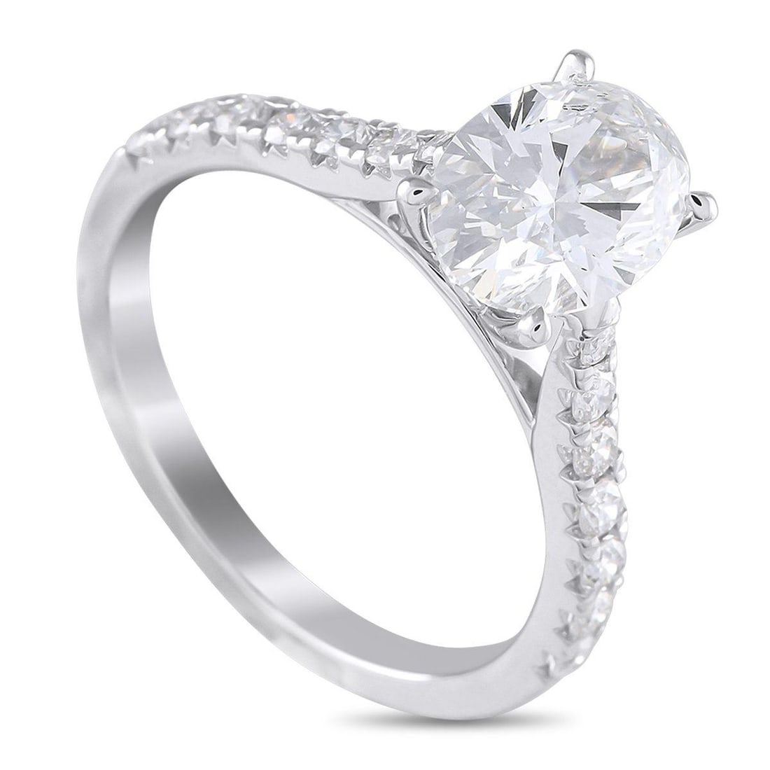 14K WHITE GOLD 2.17CT LAB-GROWN DIAMOND RING: This exquisite ring is simple, stylish, and sophisticated. At the center, a 1.87 carat oval-cut brilliant Lab Grown Diamond seemingly radiates light. The sleek 14K White Gold setting is further elevat