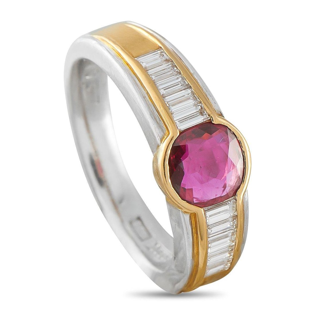 PLATINUM AND 18K YELLOW GOLD 0.37CT DIAMOND AND RUBY RING: Distinct enough for milestone jewelry, but practical enough to wear daily without hesitation. This piece carries a 0.78 carat ruby that sits flush within a yellow gold surround, keeping the surface sm
