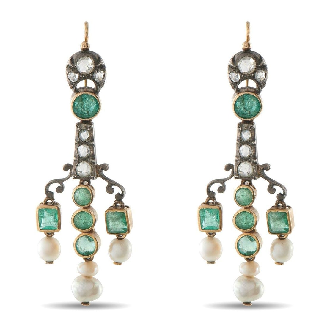 ANTIQUE 14K ROSE GOLD AND SILVER 0.70CT DIAMOND AND NATURAL PEARL EARRINGS (1 of 3)