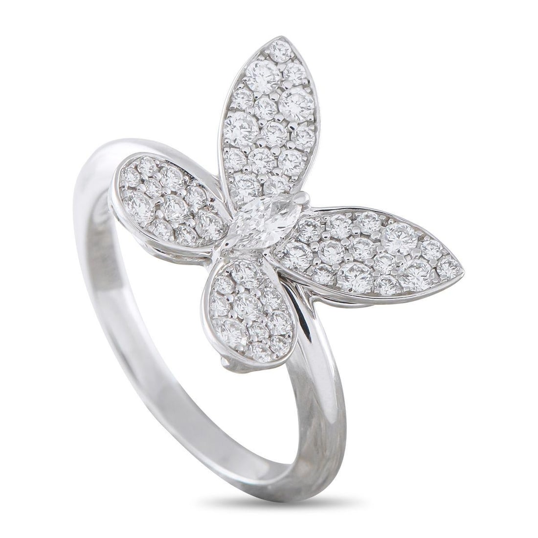 GRAFF 18K WHITE GOLD 0.55CT DIAMOND PAV BUTTERFLY RING: This Graff Pav Butterfly ring will add a touch of charm to any ensemble. Glittering wings placed at a slight angle provide the captivating butterfly motif with a subtle touch of realism. Covered in Di