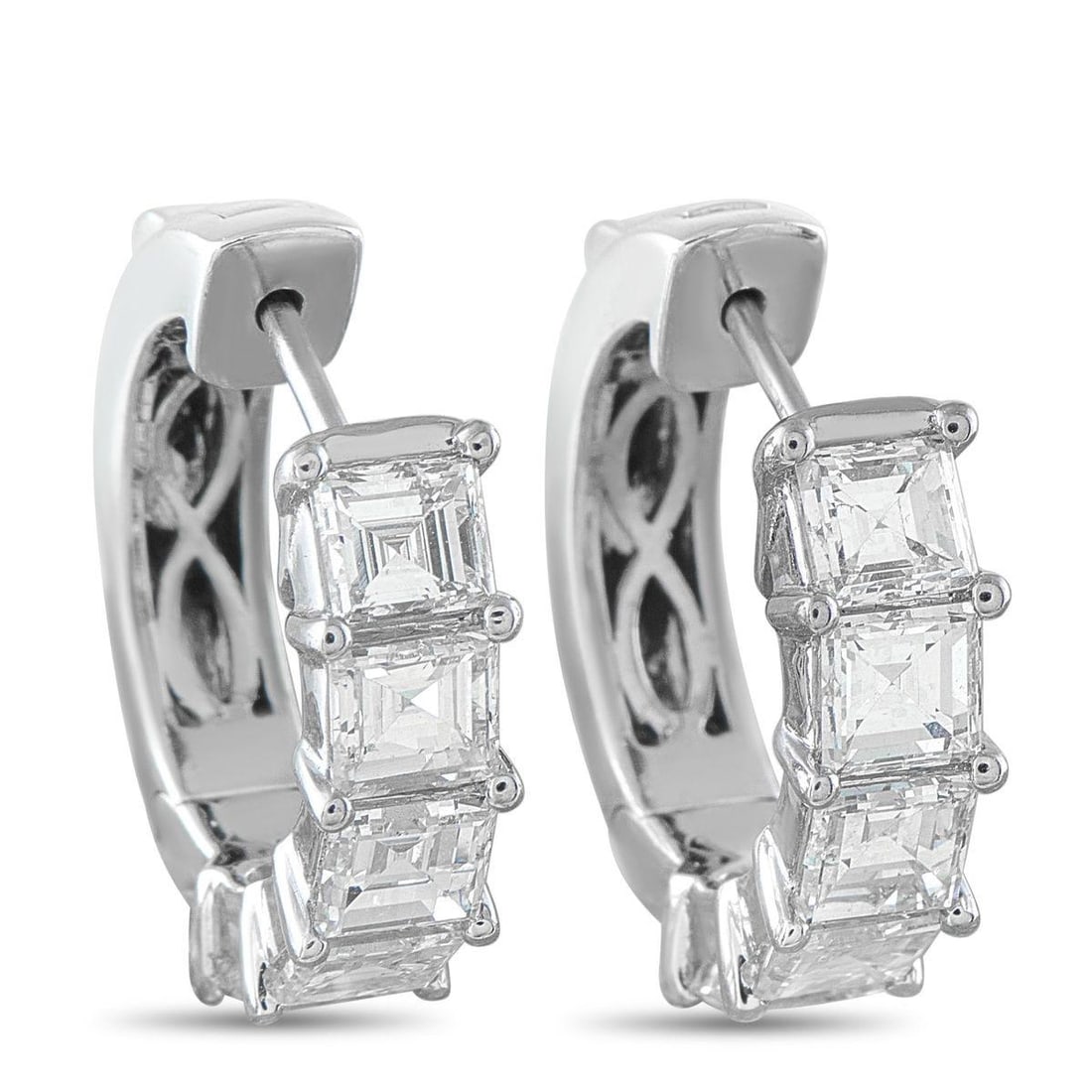 18K WHITE GOLD 3.05CT DIAMOND EARRINGS: Square-cut Diamonds with a total weight of 3.05 carats allow these earrings to continually emanate light. Simple, elegant, and ideal for any occasion, each one is crafted from 18K White Gold and measu