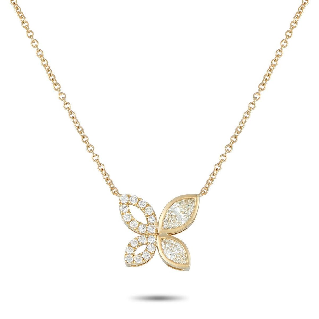18K YELLOW GOLD 1.62CT DIAMOND BUTTERFLY NECKLACE: Bold and delicate in equal measure, this yellow gold butterfly necklace delivers a modern interpretation of a classic motif. Its butterfly pendant is divided into two sides, with one side of the wings