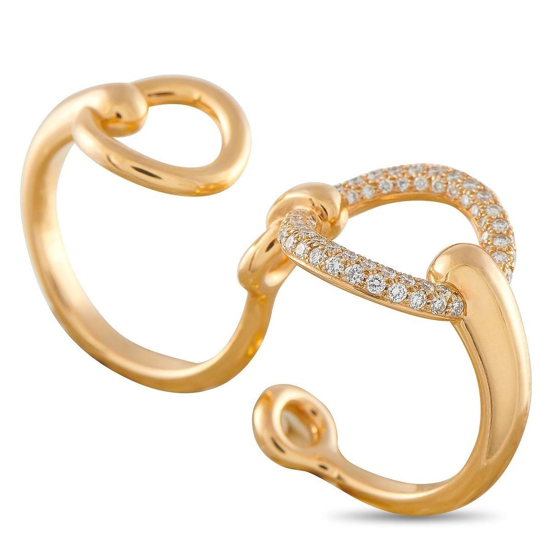 HERMES FILET DOR 18K ROSE GOLD 0.43CT DIAMOND DOUBLE RING: This Hermes Filet dOr ring pays tribute to equestrian buckles. Sleek and elegant, this double design features fine curves that wind through the fingers. The stylish 18K Rose Gold setting comes to life