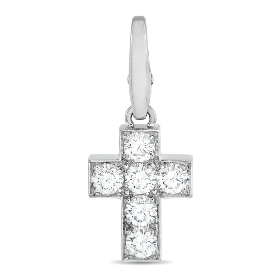 CARTIER 18K WHITE GOLD CROSS 0.90CT DIAMOND PENDANT: With a classic cross shape, this Cartier pendant offers a stylish symbol of your faith. Set in 18K White Gold, the timeless design is elevated by Diamonds with a total weight of 0.90 carats. It measur
