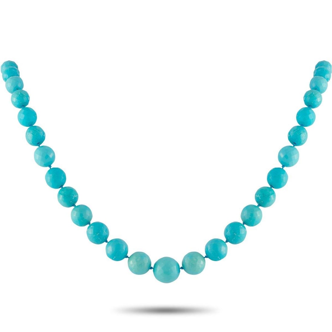 18K YELLOW GOLD PERSIAN TURQUOISE NECKLACE: Graduated Persian Turquoise beads ranging in size from 9mm 15mm make this necklace come alive with color. Bold and instantly eye-catching, the 18K Yellow Gold clasp provides the perfect touch of luxur