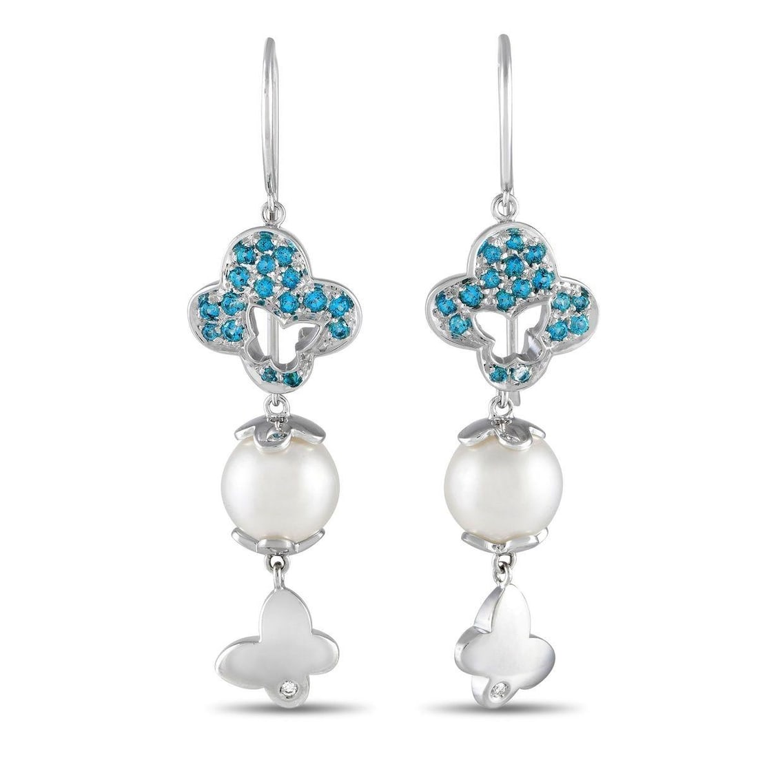 IO SI 18K WHITE GOLD 0.02CT DIAMOND AND BLUE GEMSTONE EARRINGS: Butterfly motifs can be found throughout these simple, stylish Io Si earrings. The 18K white gold setting provides the perfect backdrop for sparkling blue gemstones and diamonds with a total weight