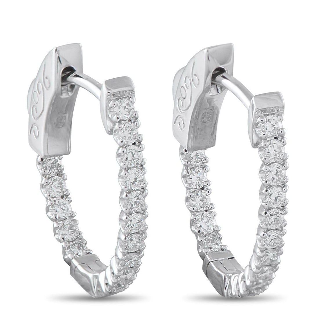 18K WHITE GOLD 0.52CT DIAMOND INSIDE-OUT HUGGIE HOOP EARRINGS: Add a touch of sparkle to any ensemble with these elegant earrings. Crafted from 18K White Gold, each one features a curved setting that measures 0.75 long by 0.63 wide. Diamonds with a total weight