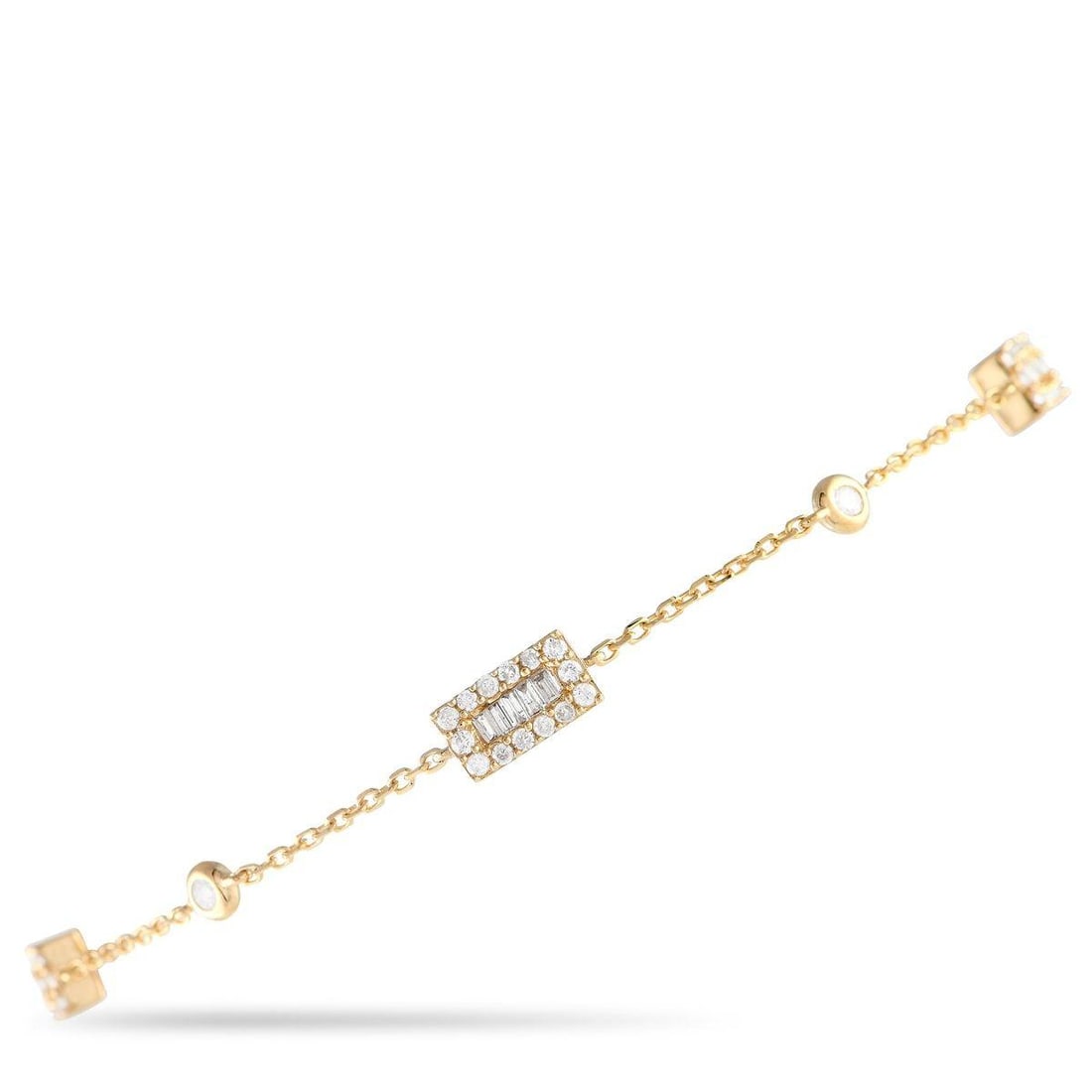 14K YELLOW GOLD 0.45CT DIAMON BRACELET: This bracelet is a simple stunner that looks good on its own or layered with other bracelets. It is crafted in 14K yellow gold and designed with an alternating pattern of bezel-set round diamonds and 