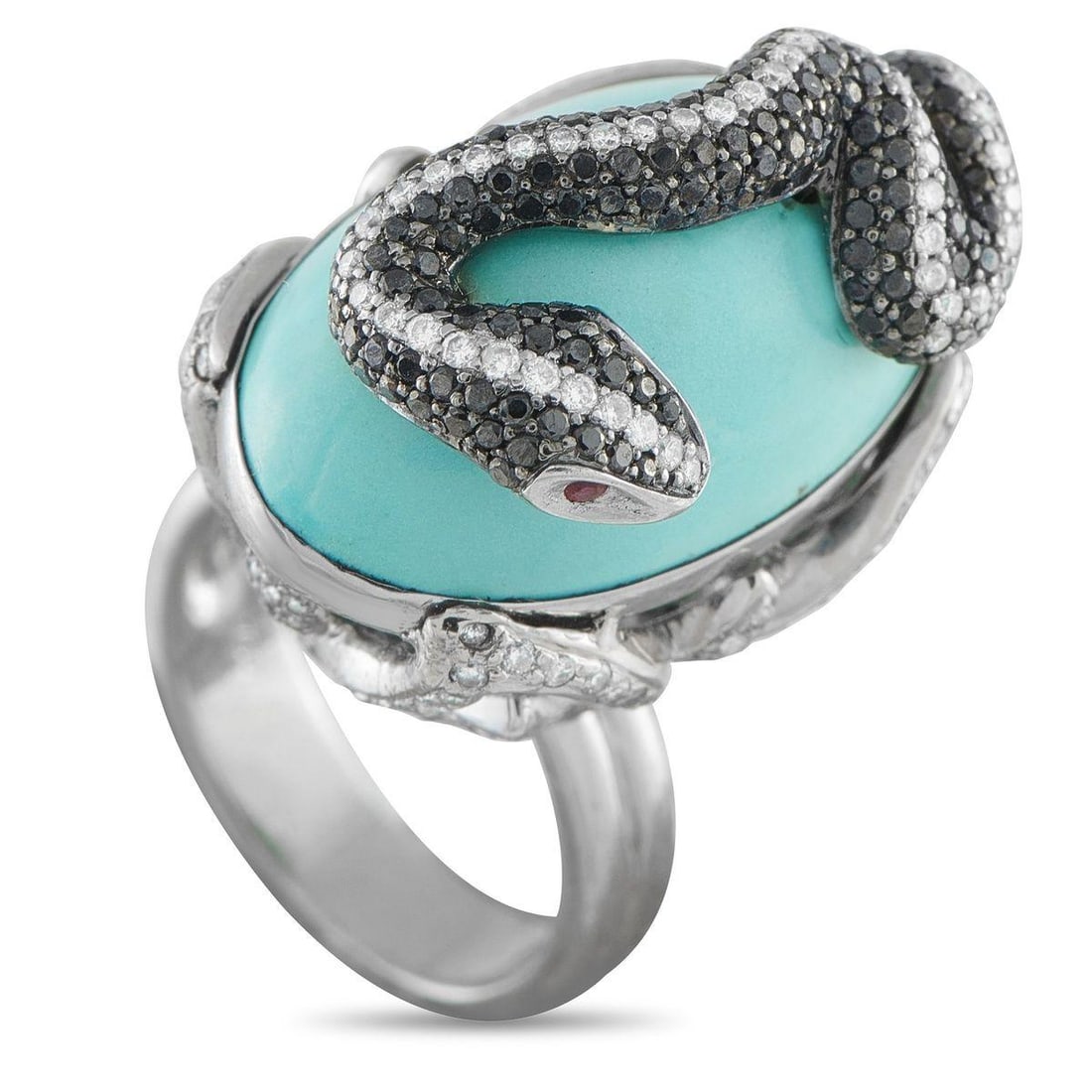 18K WHITE GOLD 2.42CT DIAMOND AND TURQUOISE RING: This luxury ring features a unique design that is impossible to ignore. The stunning Turquoise center stone is accented by a winding snake, which comes to life thanks to Black Diamonds totaling 0.85 c