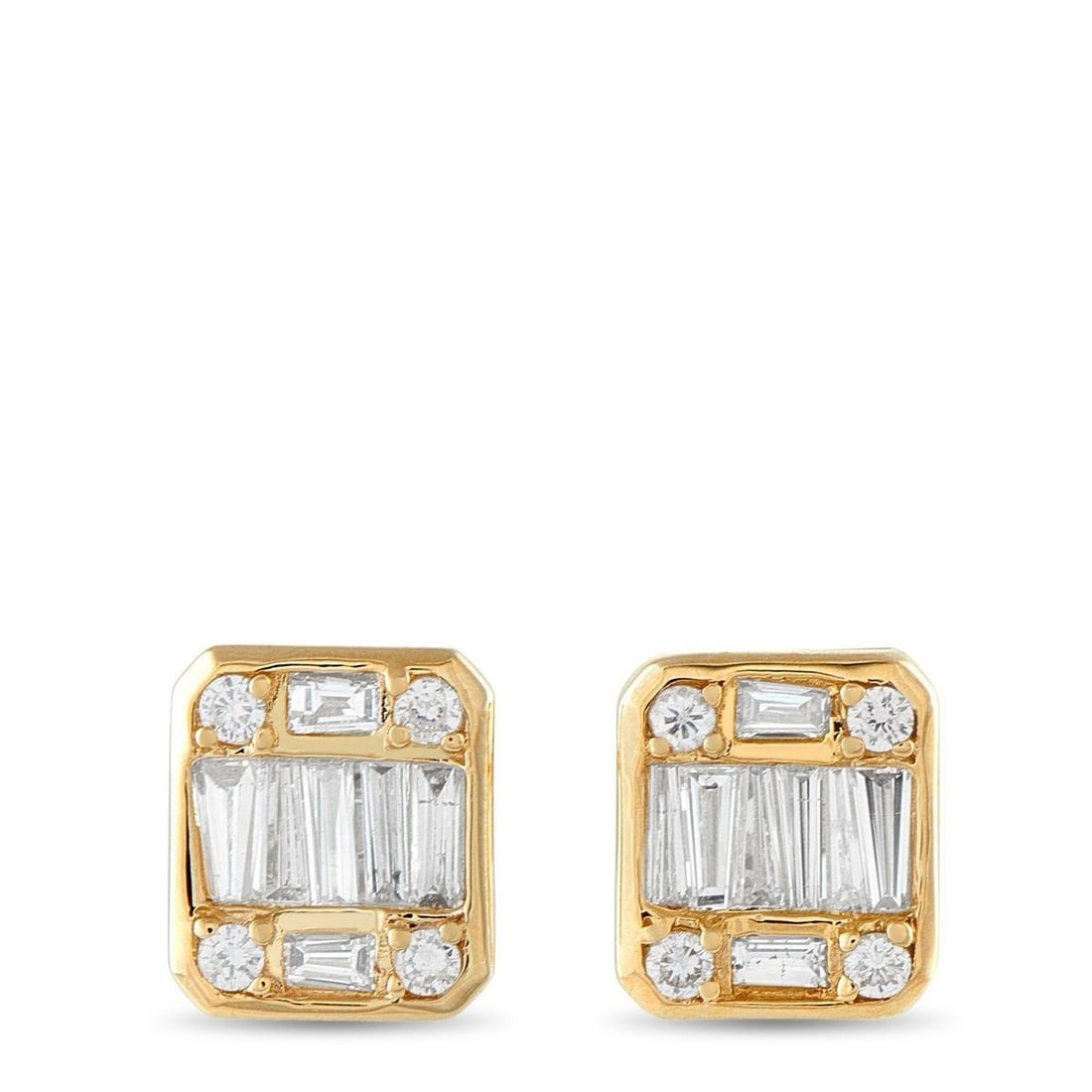 14K YELLOW GOLD 0.75CT DIAMOND CLUSTER SQUARE STUD EARRINGS: These 14K yellow gold studs deliver a crisp, modern look in a rounded square shape. Baguette diamonds form clean lines across the front, with four round diamonds set neatly at the corners. The design 