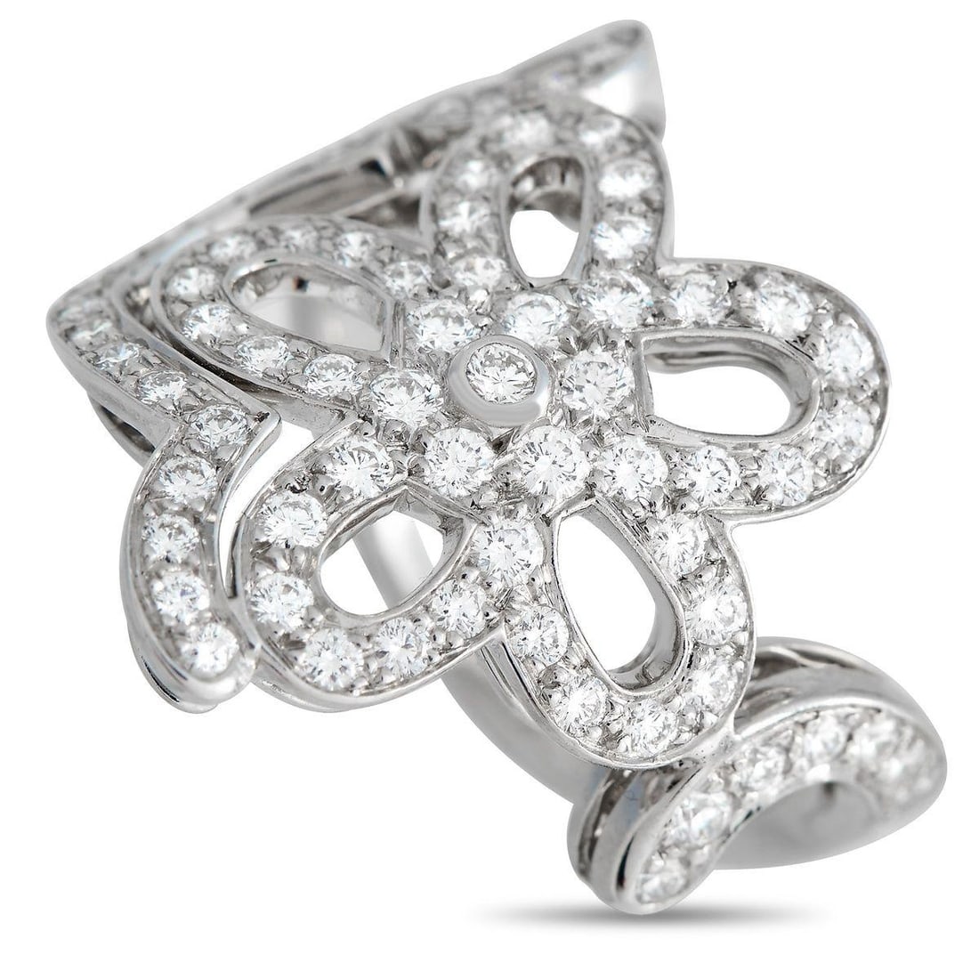 VAN CLEEF & ARPELS 18K WHITE GOLD 0.85CT DIAMOND FLOWER LACE COCKTAIL RING: A beautiful piece to add a touch of glamour to your everyday smart casual or special occasion outfits. The ring whispers elegance with its flower-inspired lace-like design. The 18K white gold band fea