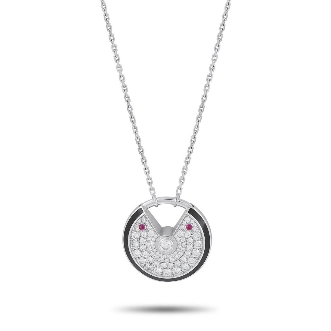 CARTIER AMULETTE DE CARTIER 18K WHITE GOLD 1.40CT DIAMOND PENDANT NECKLACE LARGE MODEL: This Cartier Amulette de Cartier necklace features the collections signature padlock-shaped motif. Crafted from 18K White Gold, the circular pendant measures 1.0 round and includes sparkling Diamonds 