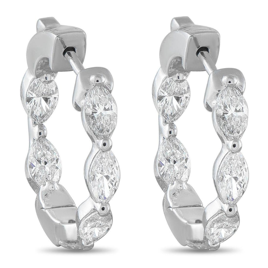 18K WHITE GOLD 2.40CT DIAMOND HOOP EARRINGS: Simple and stylish, these luxury earrings offer unique elegance. Marquise-cut Diamonds with a total weight of 2.40 carats continually catch the light and capture your imagination. Set in 18K White Gol