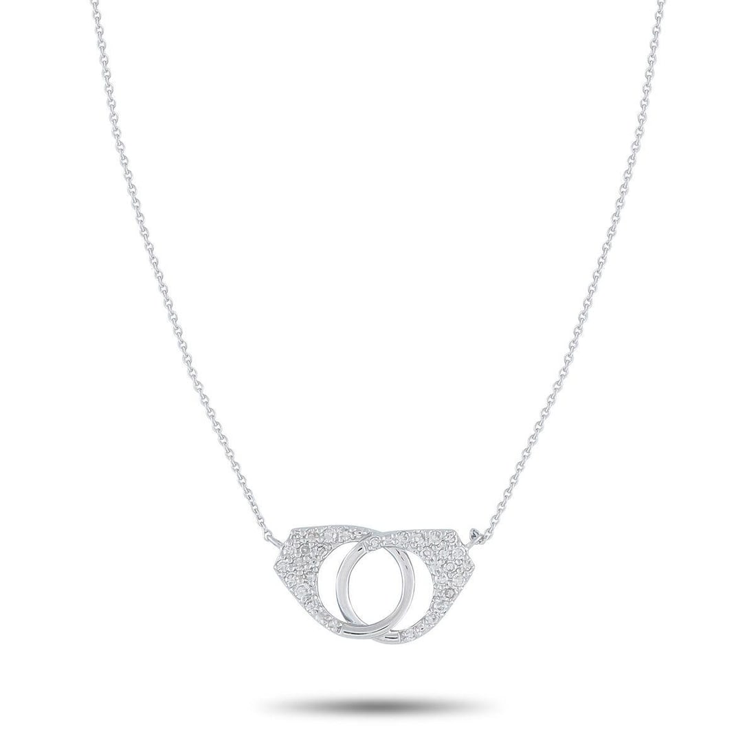 14K WHITE GOLD 0.15CT DIAMOND PAVE HANDCUFF PENDANT NECKLACE: Lock a little sparkle around your neck with this diamond necklace. The pendant, shaped like interlocking handcuffs and pav-set with 0.15 carats of petite diamonds, measures 0.32 by 0.63. It is held by