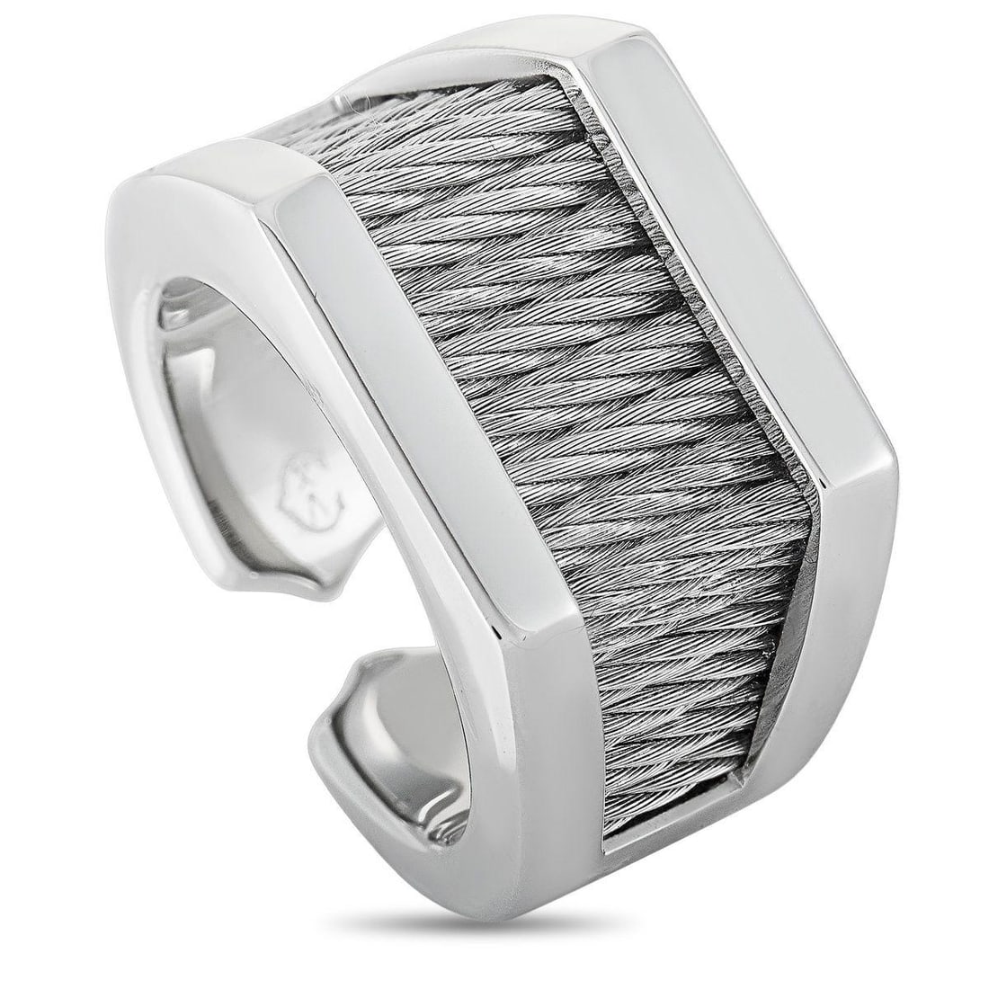 CHARRIOL FOREVER STAINLESS STEEL RING: The Charriol Forever ring is crafted from stainless steel and weighs 14.8 grams. The ring boasts band thickness of 6 mm and top height of 5 mm, while top dimensions measure 25 by 14 mm.This item is of
