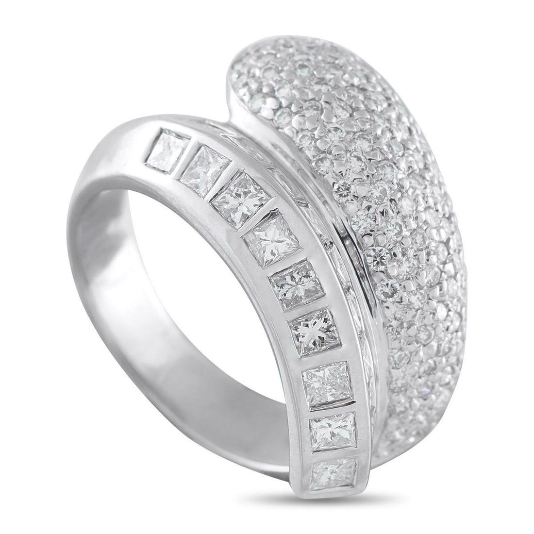 18K WHITE GOLD 1.70CT DIAMOND RING: This bypass ring is beautifully balanced. Sleek and incredibly sophisticated, one end of the design is covered in pave Diamonds while the other includes a series of square-cut Diamonds together, this 