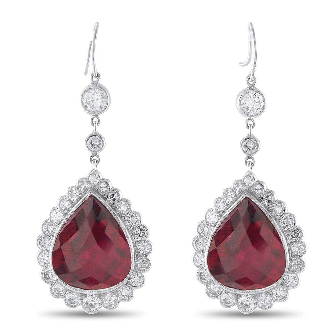 18K WHITE GOLD 2.50CT DIAMOND AND RUBELLITE EARRINGS: These luxury earrings are simply exquisite. Stylish enough for even your most special occasions, the 18K White Gold settings include Rubellite gemstones with a total weight of 10.40 carats surrounded 