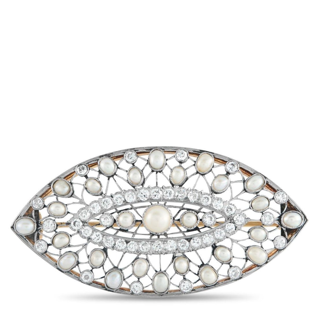 PLATINUM, SILVER 1.30CT DIAMOND AND PEARL BROOCH: An exquisite, openwork design gives this luxury brooch a lighter-than-air quality. Natural Pearl accents elevate the Platinum and Silver setting, while sparkling Diamonds totaling 1.30 carats allow it
