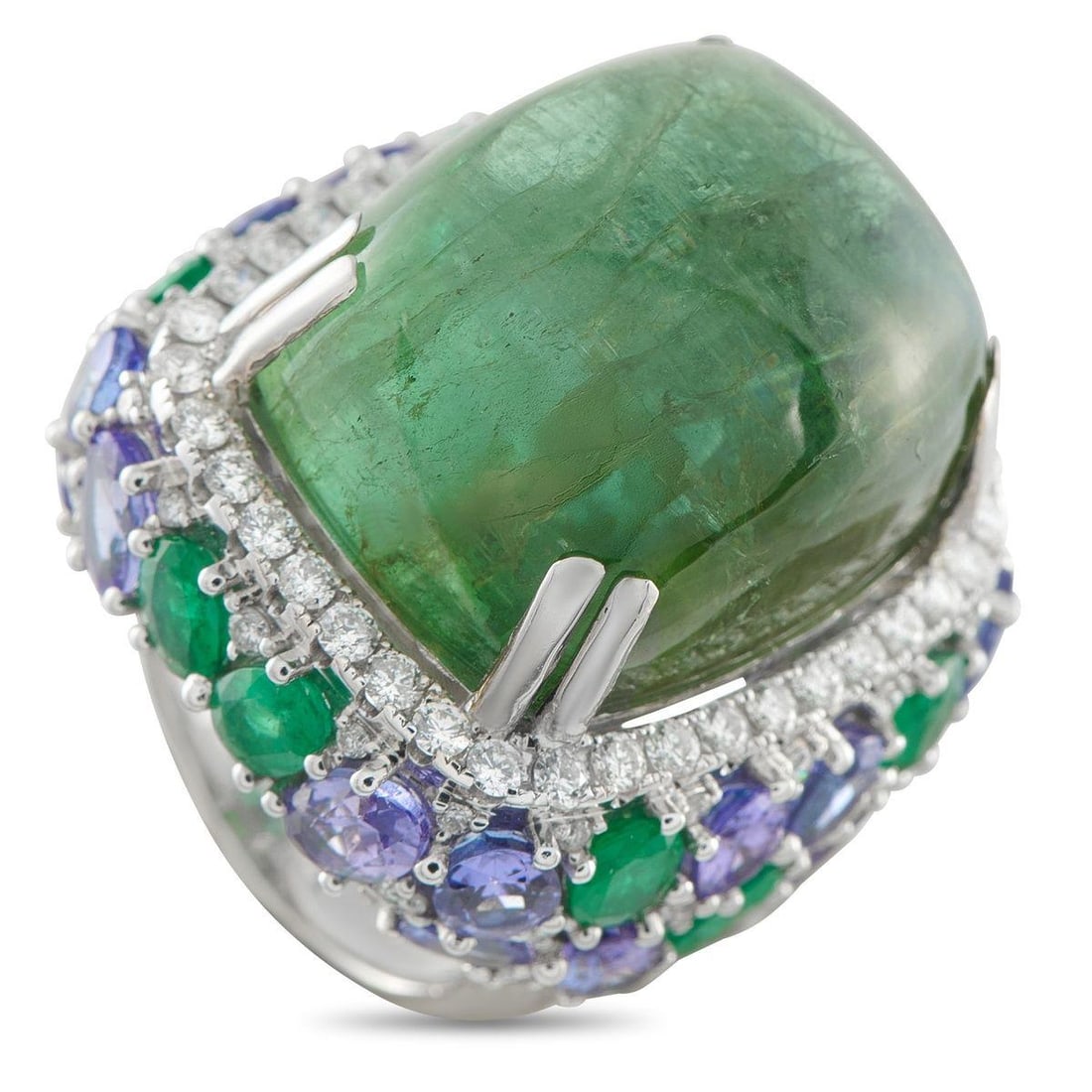18K WHITE GOLD 1.70CT DIAMOND, EMERALD, TOURMALINE, AND TANZANITE RING: This breathtaking ring looks exquisite from every angle. Diamonds totaling 1.70 carats, Emeralds totaling 3.20 carats, and Tanzanite stones totaling 8.74 carats add color and sparkle to the 18K White 