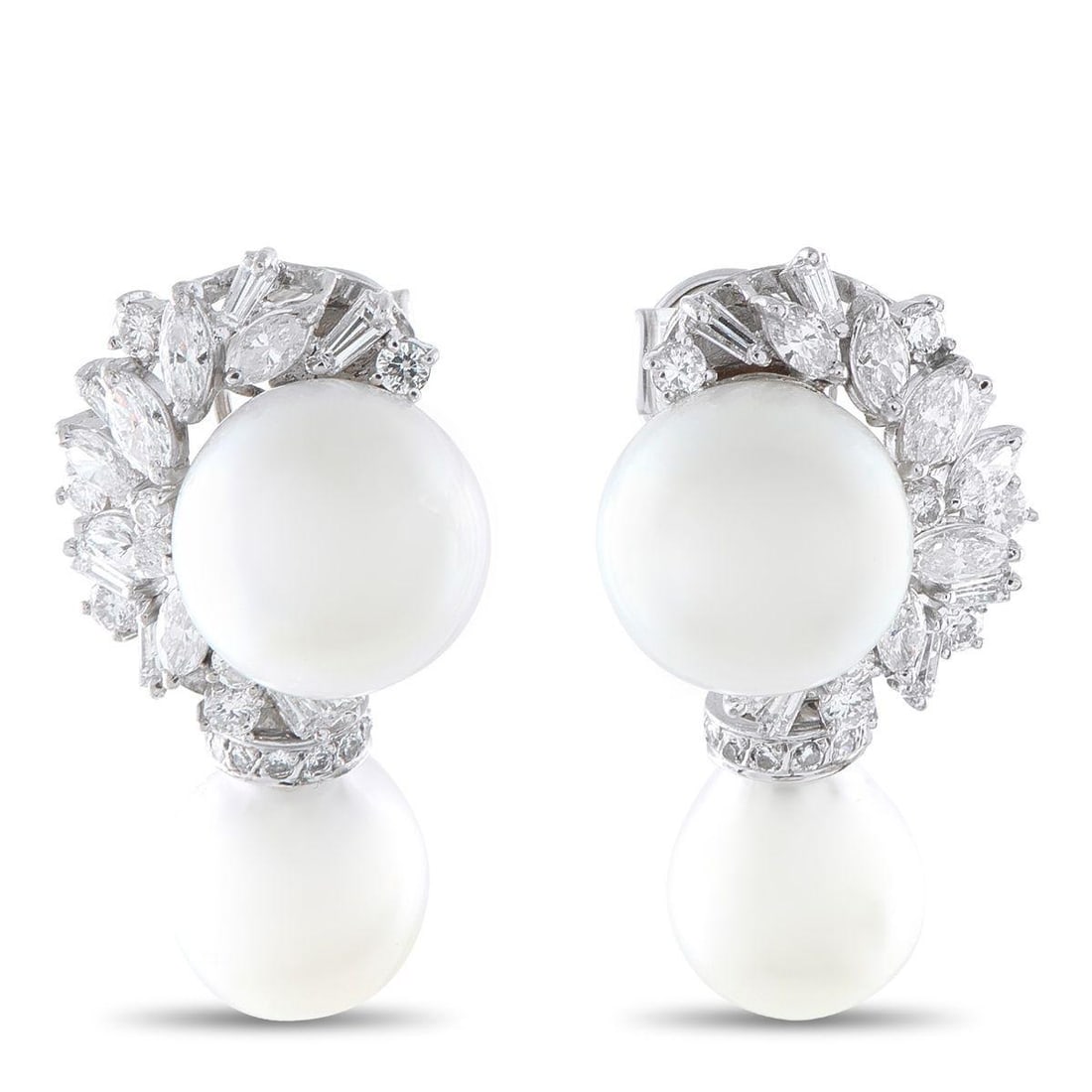 18K WHITE GOLD 2.85CT DIAMOND AND PEARL EARRINGS: These opulent earrings will put the perfect finishing touch on any ensemble. Set in 18K White Gold, the curved setting beautifully highlights sparkling Diamonds totaling 2.85 carats. Pearls measuring 
