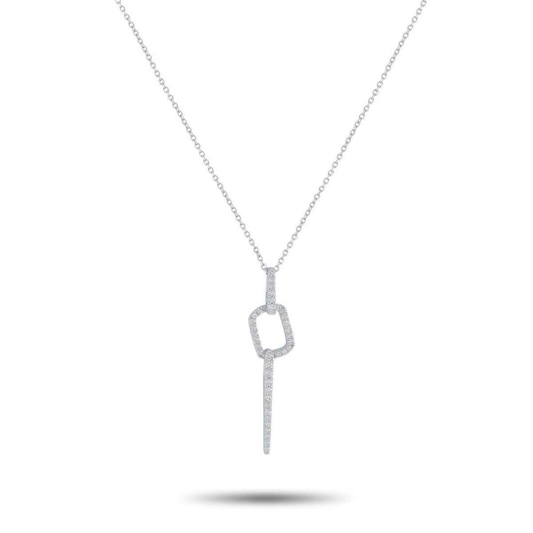 14K WHITE GOLD 0.25CT DIAMOND MINIMALIST GEOMETRIC NECKLACE: Clean lines and precise details mark the minimalist look of this necklace. It features a diamond-set bail connected to a diamond-studded open square frame with rounded corners, leading to a linear dro
