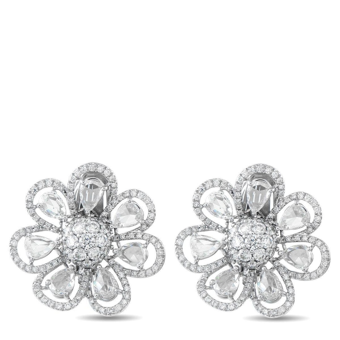 VALENTE MILANO 18K WHITE GOLD 11.48CT DIAMOND FLOWER EARRINGS: These Valente Milano earrings will put the perfect finishing touch on any outfit. The delicate floral design is elevated by sparkling Diamonds with a total weight of 11.48 carats. Set in 18K White Gol