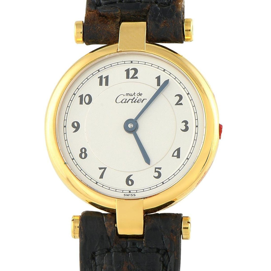 CARTIER MUST VENDME WHITE DIAL VERMEIL LADIES WATCH: The Cartier Must Vendme 590004, dating from the early 1990s, is a minimalist watch from the Must de Cartier collection. It features a white dial with a subtly recessed hour ring displaying Arabic nume