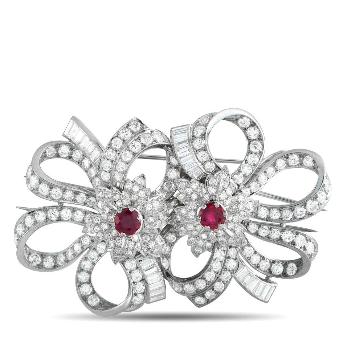 PLATINUM 11.10CT DIAMOND AND RUBY BOW AND BLOOM BROOCH (1 of 3)