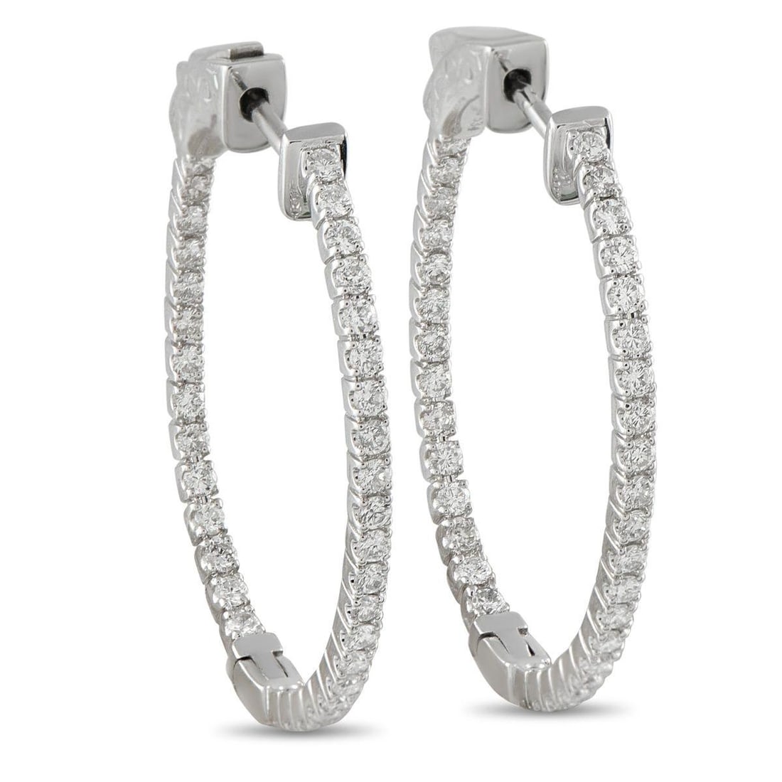 14K WHITE GOLD 1.07CT DIAMOND INSIDE-OUT HOOP EARRINGS: Diamonds with a total weight of 1.07 carats add plenty of sparkle to these classic hoop earrings. Ideal for any occasion, each earring is crafted from 14K White Gold and measures 1.25 long by 1.13 wid