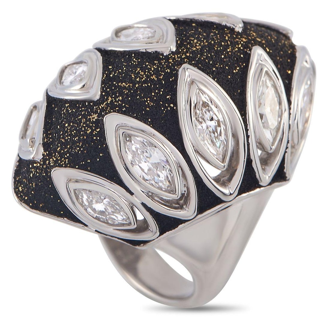 PLATINUM 2.43CT DIAMOND STATEMENT RING: This ring presents a look that fuses drama with vintage charm. It features a sleek band in polished platinum, with broad shoulders that support a domed centerpiece. The elongated form of the ring's to