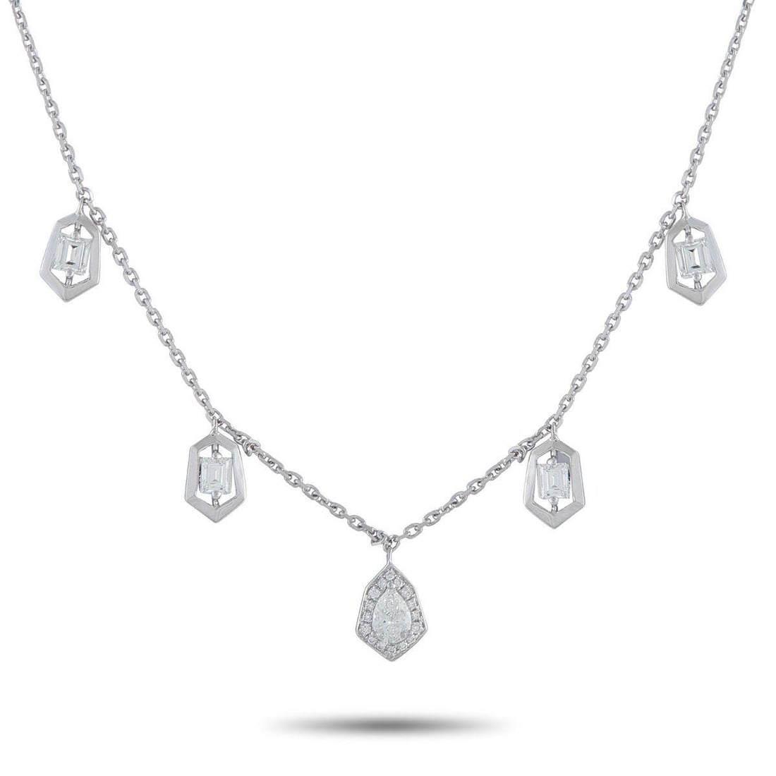 18K WHITE GOLD 1.37CT DIAMOND NECKLACE: This impeccably crated necklace is both understated and incredibly dynamic in design. A series of hanging pendants add movement to this graceful piece, while sparkling Diamonds with a total weight of 