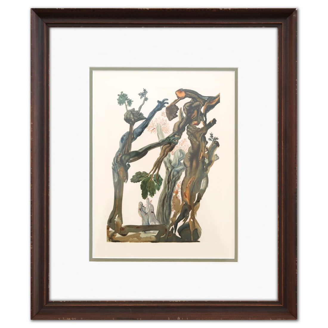 Salvador Dali- Original Color Woodcut on B.F.K. Rives Paper "Inferno 13": Artist: Salvador Dali. Medium: Original Color Woodcut on B.F.K. Rives Paper. Title: Inferno 13. Size: 13" x 10". Measures approx. 20" x 17" (framed). Certificate of Authenticity: Is included. Addition