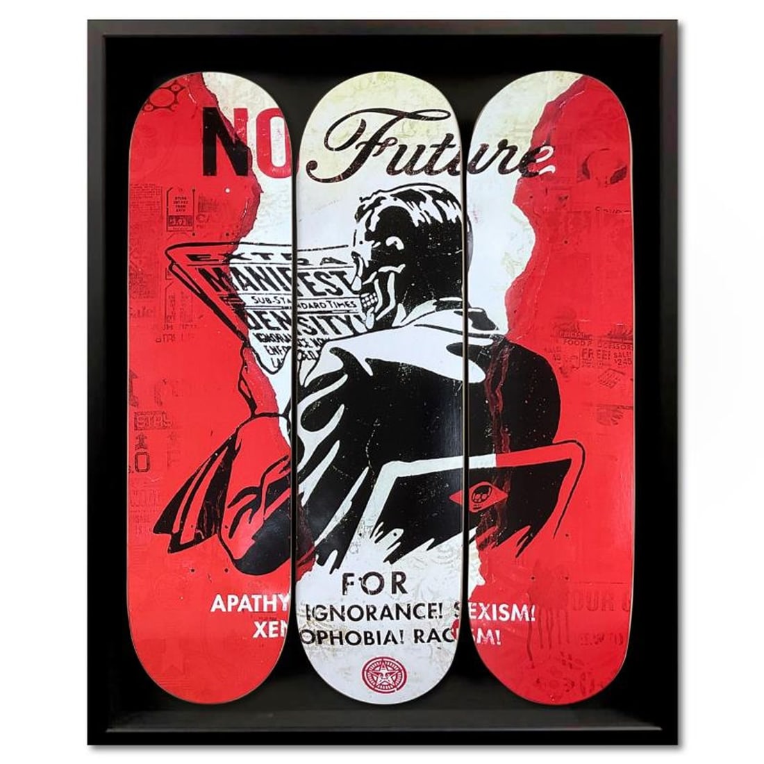 Shepard Fairey, "No Future" Framed Limited Edition Skateboard Triptych, Plate Signed with Letter of (1 of 3)