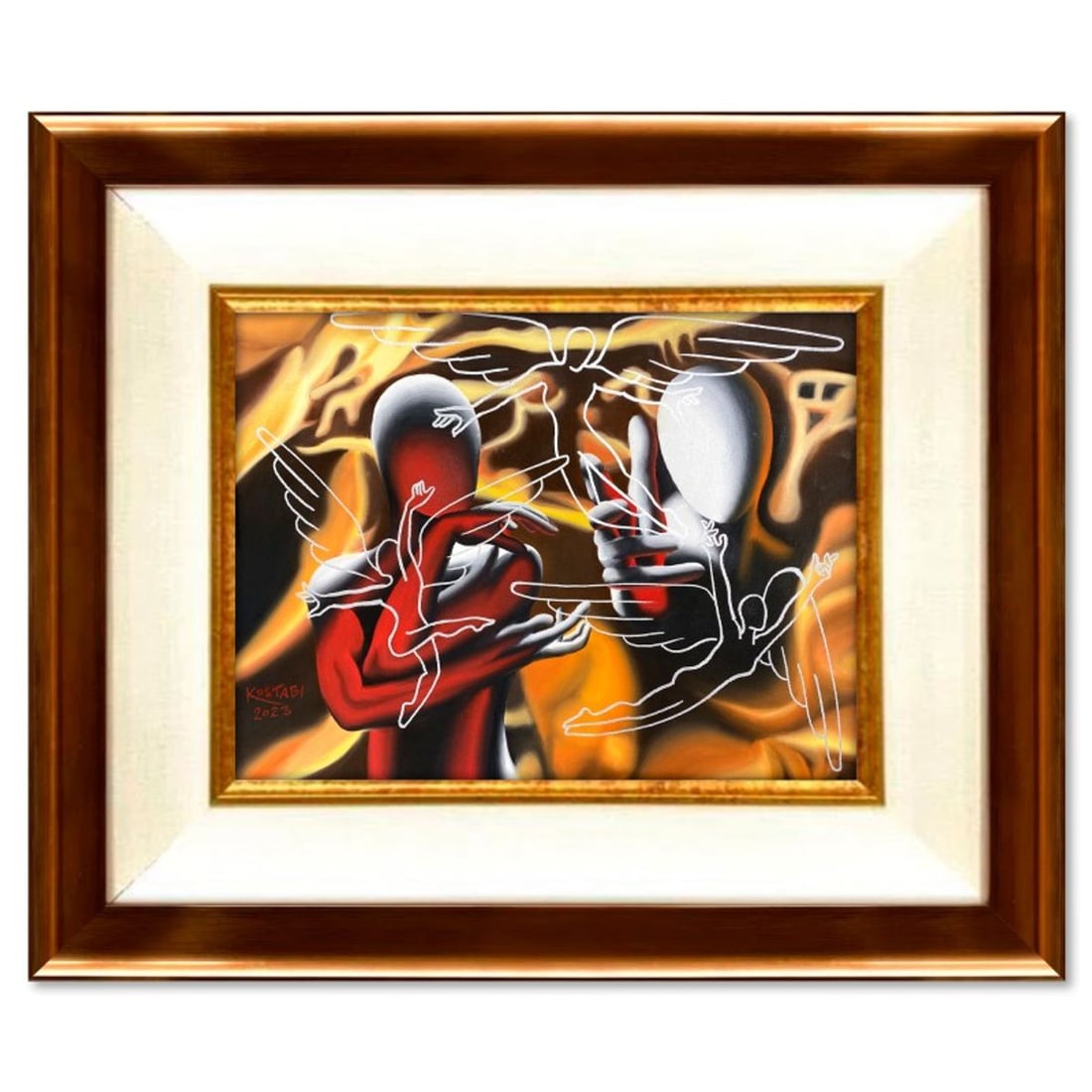 Mark Kostabi, "Inner Gods" Framed Original Oil Painting on Canvas, Hand Signed with COA: Inner Gods is an original oil painting on canvas by Mark Kostabi, hand signed by the artist. This piece comes custom framed. Includes Certificate of Authenticity. Measures approx. 28" x 34" (frame),